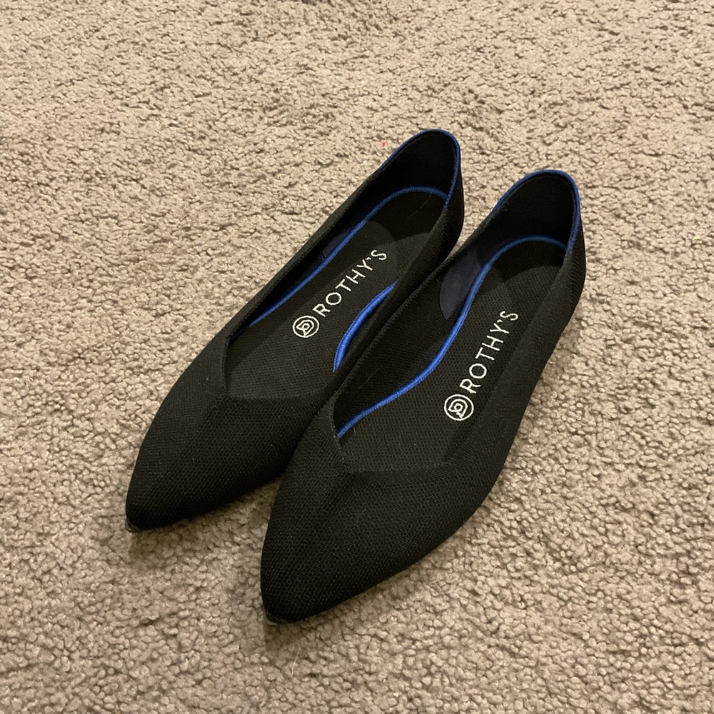 NWOT Rothy’s Women’s Black Pointed Pointy Toe Shoes Ballet Flats Stretchy sz 9.5